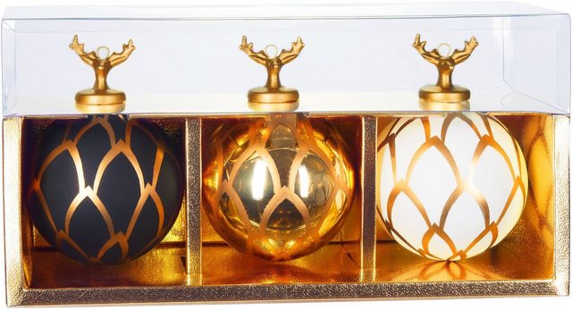 BRUBAKER Weihnachtsbaumkugel 3er Set Weihnachtskugeln aus Glas - Gold Set mit Hirschkopf Figuren (3 St), Premium Baumkugeln - Handbemalte 8 cm Christbaumkugeln