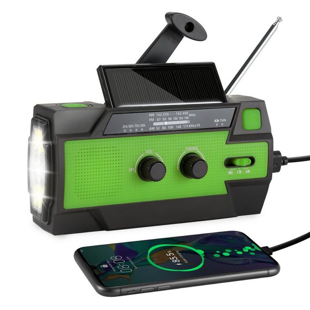 Clanmacy Solar Radio AM/FM Kurbelradio Tragbar USB Wiederaufladbar 4000mAh Radio (IPX3 wasserdichtes, Superhelle 3-Modus-Taschenlampe, Led-Taschenlampe, Sos-alarm, Power Bank, 10,00 W)