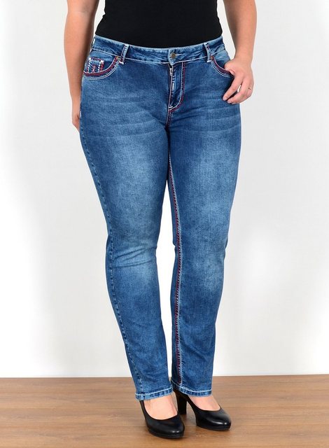 ESRA Straight-Jeans FG12 Straight Fit Jeans Damen High Waist Hose Kontrastnähte bis Plus Size, Straight Jeans Hose Stretch hohe Leibhöhe dicke Naht bis Große Größe, Gerade Schnitt Jeanshose Hoch Bund weiße Naht rote Naht bis Übergröße, Regular Jeans High Waist Hose Damen Jeans Straight mit dicken Nähten, Jeans Damen Jeans Hose Damen Hose, High Waist Jeans Damen High Waist, Damen Jeans Straight Damen Hose