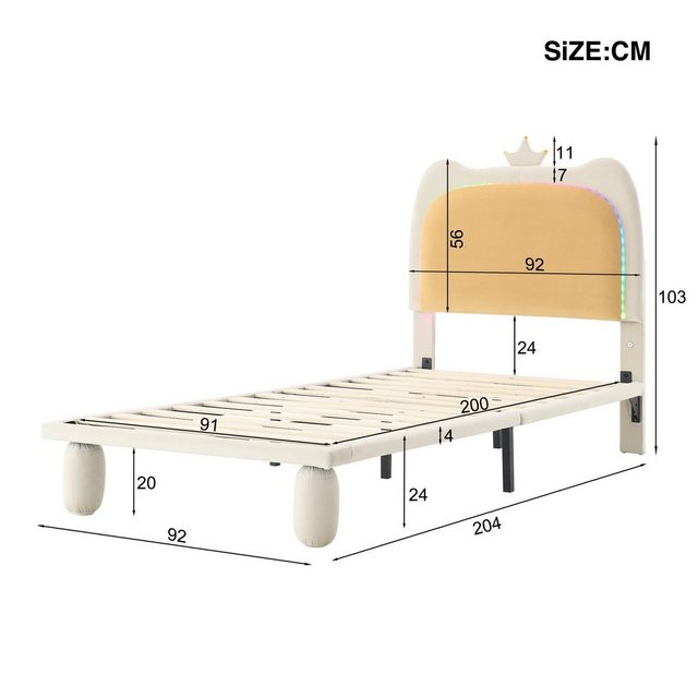 HAUSS SPLOE Polsterbett 90x200cm Kopfteil mit Krone und LED-Streifen, Samt, weiß