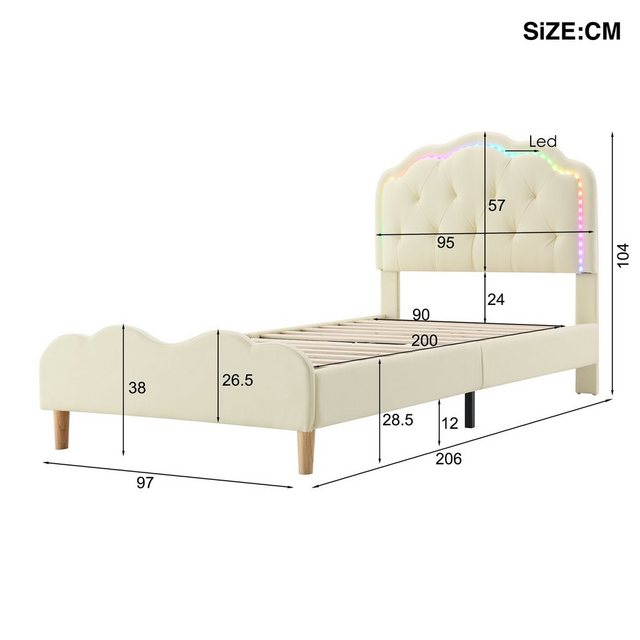 HAUSS SPLOE Polsterbett 90x200cm Wellenförmiges Kopfteil, mit LED-Streifen, Weiß