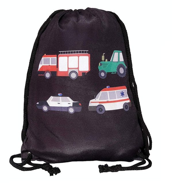 HECKBO Turnbeutel Kinder Turnbeutel - beidseitig Bedruckt mit 4 Feuerwehr, Traktor, Krankenwagen & Polizei - Gymsack, Rucksack, Spieltasche, Sportbeutel, Schuhbeutel, Tasche für Jungen Jungs