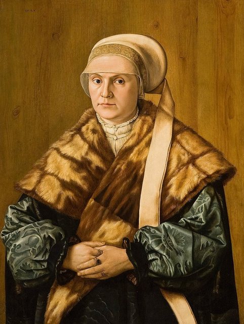 Kunstdruck Portrait of a Woman Barthel Beham Hut Mantel Pelz Mode Ringe Schmuck B, (1 St)