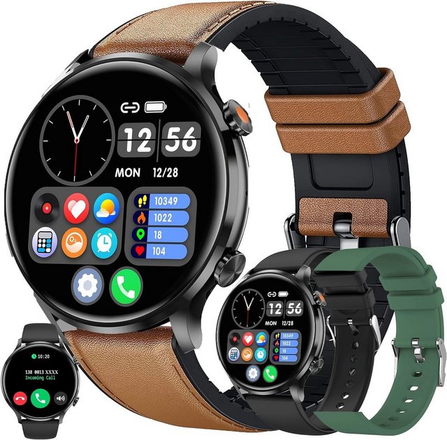 MYSHUN Herren mit Telefonfunktion Touchscreen IP68 Wasserdicht Sport Smartwatch (1.39 Zoll, Andriod iOS), mit Blutdruckmessung 123 Sportmodi 3 Uhrenarmbänder Aktivitätstracker