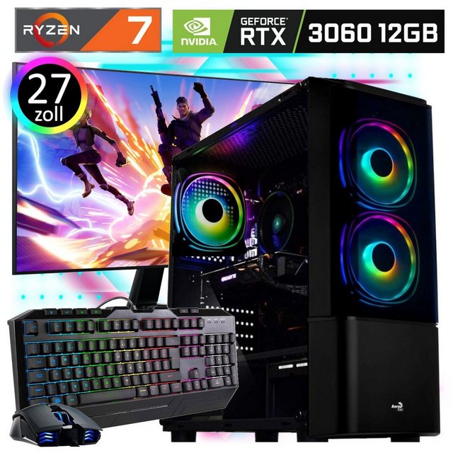 Meinpc Elite Set Ryzen 7 RTX [Quantum] Gaming-PC-Komplettsystem (27,00", AMD Ryzen 7 5700X, Nvidia Geforce® RTX 3060 12GB, 32 GB RAM, 500 GB SSD, Tastatur Maus Set, Windows 11 Pro, Wasserkühlung, Gaming, Gamer)