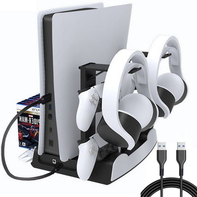 Mutoy PS5 Ständer mit Lüfter und PS5 Controller Ladestation für PS5 Konsole Konsolen-Ladestation (PS5 Vertikaler Standfuß mit Kühlung lüfter, PS5 Zubehör mit PS5 Headset Halter + Remote Steckplatz + Spiele Halterung, für PS5 Disc & Digital Edition)