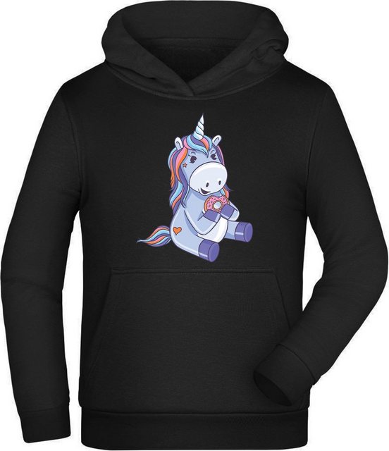 MyDesign24 Hoodie Kinder Kapuzen Sweatshirt Einhorn Hoodie Donut essendes Einhorn Kapuzensweater mit Aufdruck, i249