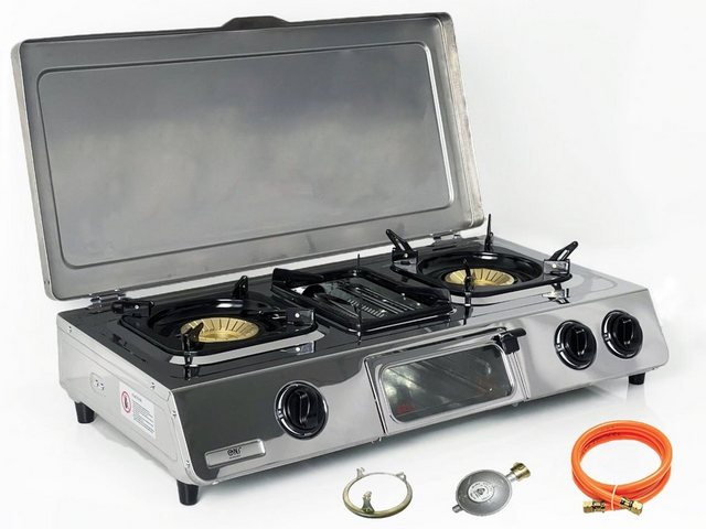 NJ The right choice Gaskocher GC-87C, (Gasgrill Campingkocher, Edelstahl Gaskocher mit Deckel), LPG Gaskocher 3 flammig / Kochfelder mit Grill mit Deckel