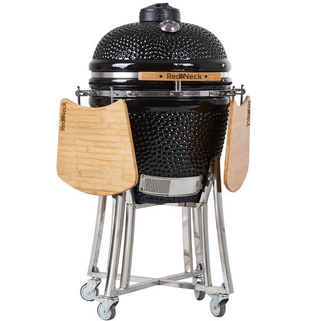 RedNeck Keramikgrill Keramik-Grill RedNeck Kamado 23" Pro schwarz, Transportrollen mit Bremssystem, Seitenablagen