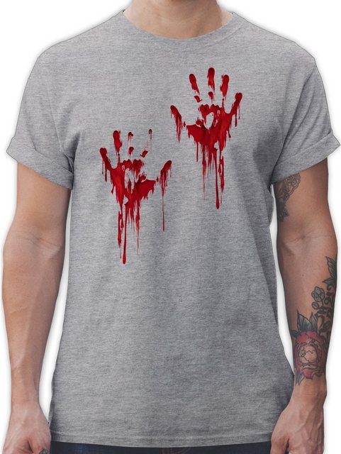 Shirtracer T-Shirt Blutige Hände Blut Handabdruck Blutverschmiert Blutiges Blutspritzer H Halloween Kostüme Herren