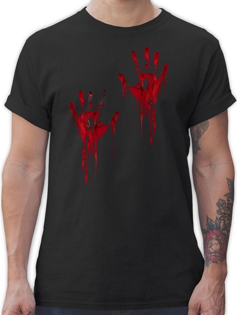 Shirtracer T-Shirt Blutige Hände Blut Handabdruck Blutverschmiert Blutiges Blutspritzer H Halloween Kostüme Herren