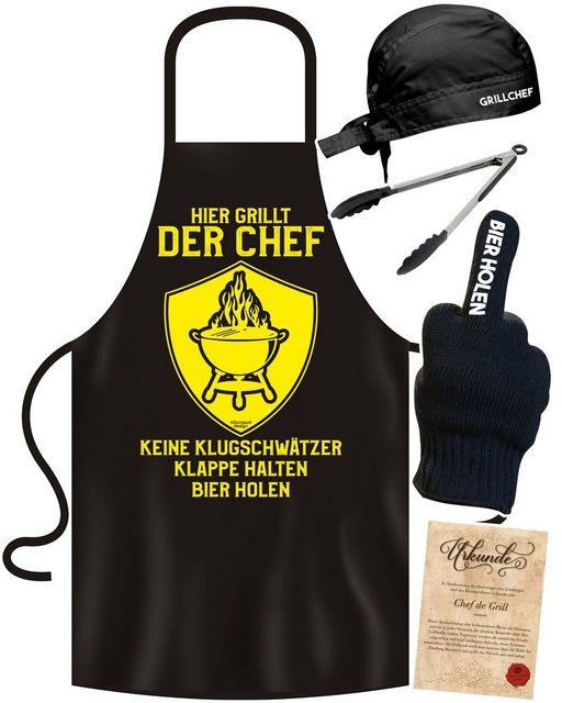 Soreso® Grillschürze Grill-schürze für Männer Lustig Grillset Hier grillt der Chef, (1x Grillschürze+ 1x Grillmütze+1x Grillhandschuh+ 1x Zange+ 1x Urkunde), Grillschürze-& Mütze handgefertigt in Deutschland, Qualitätsprodukt