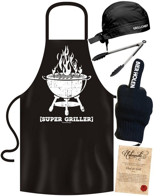 Soreso® Grillschürze Grill-schürze für Männer Lustig Grillset Super Griller, (Spar-Set, Geschenk-Set, 5-teiliges Set, 1x Grillschürze+ 1x Grillmütze+1x Grillhandschuh+ 1x Zange+ 1x Urkunde), Grillschürze-& Mütze handgefertigt in Deutschland, Qualitätsprodukt