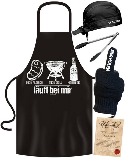 Soreso® Grillschürze Grillschürze für Männer Grillset "Mein Fleisch /Mein Grill /Mein Bier", (Spar-Set, Geschenk-Set, 5-teiliges Set, 1x Grillschürze+ 1x Grillmütze+1x Grillhandschuh+ 1x Zange+ 1x Urkunde), Grillschürze-& Mütze handgefertigt in Deutschland, Qualitätsprodukt