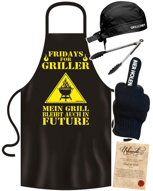 Soreso® Grillschürze Grillset "Fridays for Griller" Grillschürze für Männer, (Spar-Set, Geschenk-Set, 5-teiliges Set, 1x Grillschürze+ 1x Grillmütze+1x Grillhandschuh+ 1x Zange+ 1x Urkunde), Grillschürze-& Mütze handgefertigt in Deutschland, Qualitätsprodukt