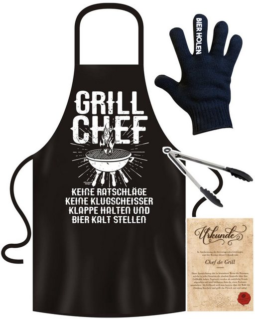 Soreso® Grillschürze Grillset "Grill Chef" Grillschürze für Männer, (Spar-Set, Geschenk-Set, 4-teiliges Set, 1x Grillschürze+ 1x Grillhandschuh+ 1x Grillzange+ 1x Urkunde), Grillschürze-& Mütze handgefertigt in Deutschland, Qualitätsprodukt