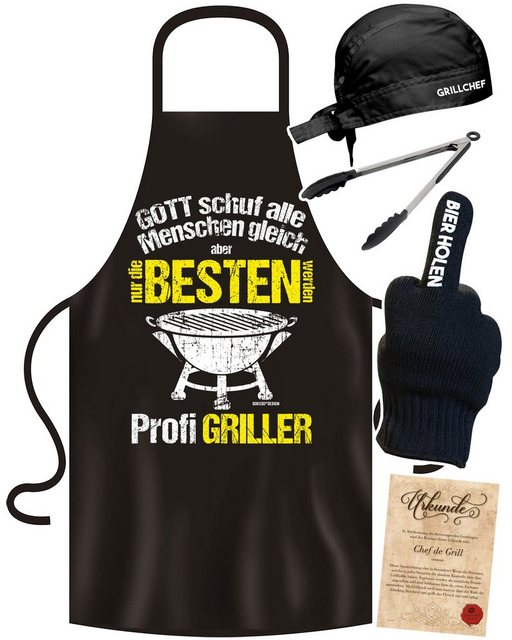 Soreso® Grillschürze Grillset "Nur die Besten werden Profi Griller" Grillschürze für ihn!, (Spar-Set, Geschenk-Set, 5-teiliges Set, 1x Grillschürze+ 1x Grillmütze+1x Grillhandschuh+ 1x Zange+ 1x Urkunde), Grillschürze-& Mütze handgefertigt in Deutschland, Qualitätsprodukt