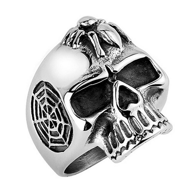 Taffstyle Fingerring Herren Ring Edelstahl Totenkopf mit Spinne Silber, Herren Ring Edelstahl Massiv Breit Männer Biker Rocker Schmuck Spinne