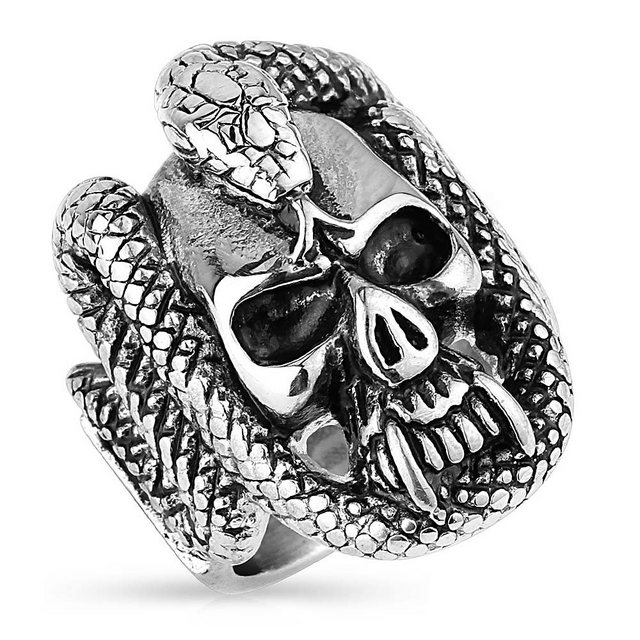 Taffstyle Fingerring Herren Ring Edelstahl Totenschädel mit Schlange, Herren Ring Massiv Breit Herrenring Männer Biker Rocker Schmuck