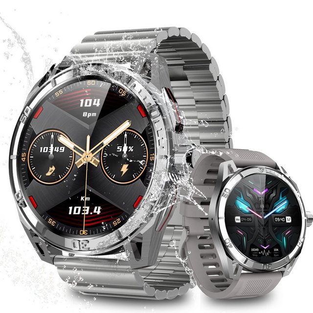 Yuede AMOLED Smartwatch, Fitness Uhr mit Anruffunktion für Damen und Herren Smartwatch (Rundes 1,43-Zoll-UHD-Full-Touch-AMOLED Farbdisplay Zoll) Gesundheits-Smartwatches mit Blutsauerstoff, Blutdruckmessung, Herzfrequenz, Schlafqualität, Schrittzähler, AI Voice, NFC und Musiksteuerung etc., Sportuhr mit Wechselband wechem Silikon und Stahlband Uhrenarmbänder, IP68 Wasserdicht, für Android IOS