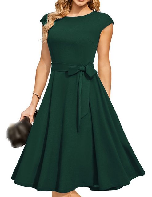 AFAZ New Trading UG Sommerkleid Damen Langarm Elegant Langrock Elegant Kleid Abendkleid (Damen Vintage Retro Cocktaikleid A-Line Swing Festlich Midilang Kleid) Modisches, ärmelloses einfarbiges Kleid V-Ausschnitt und hoher Taille