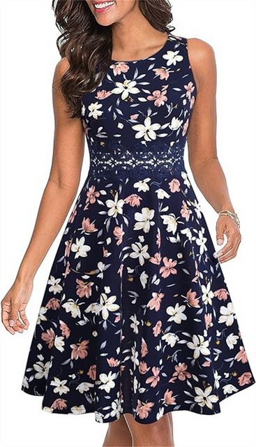 AFAZ New Trading UG Sommerkleid Damen Rundhalsausschnitt Blumen Bestickt Elegant Cocktailkleid (Damen Langarm Elegant Langrock Elegant Kleid Abendkleid) Ärmelloses, weites Rockkleid mit Spitzenprint und Rundhalsausschnitt