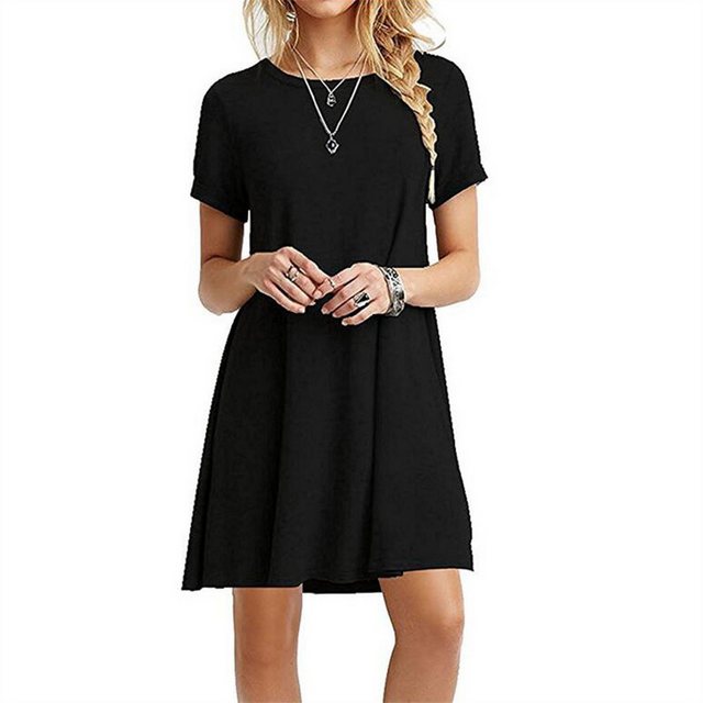 AFAZ New Trading UG Sommerkleid Damen Sommer Kurzarm Tshirt Kleid Locker Elegantes Kleid Midi Kleider Knielang Rundhals Sommerkleid Strandkleid