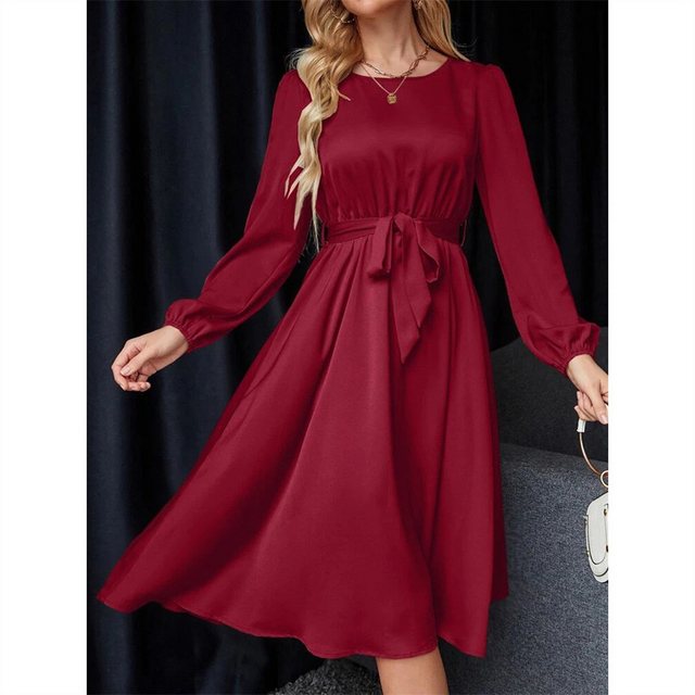 AFAZ New Trading UG Sommerkleid Kleider für Damen Midikleid Langarm V-Ausschnitt Hemdkleid (Sommerpullover, einfarbig, Midirock, elegantes Kleid) Elegantes Kleid mit Ballonärmeln und Rückenschnürung