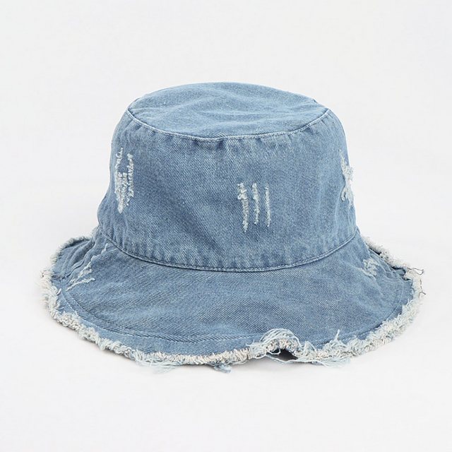 AquaBreeze Sonnenhut Bucket Hat Damen Fischerhut Haus Outdoor für Freizeit Reisen Camping (1-St., Sonnenhut mit ausgefransten Rändern) Vintage gewaschener Denim