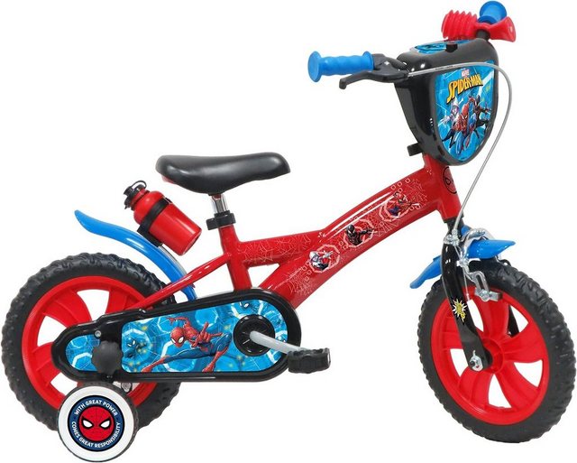 Atlas Kinderfahrrad 12 Zoll Spiderman Fahrrad mit 1 Bremse, Dekorativer Frontplatte, 1 Gang, Schlammschutz, Gehäuse und Stabilisatoren, Schutzblech