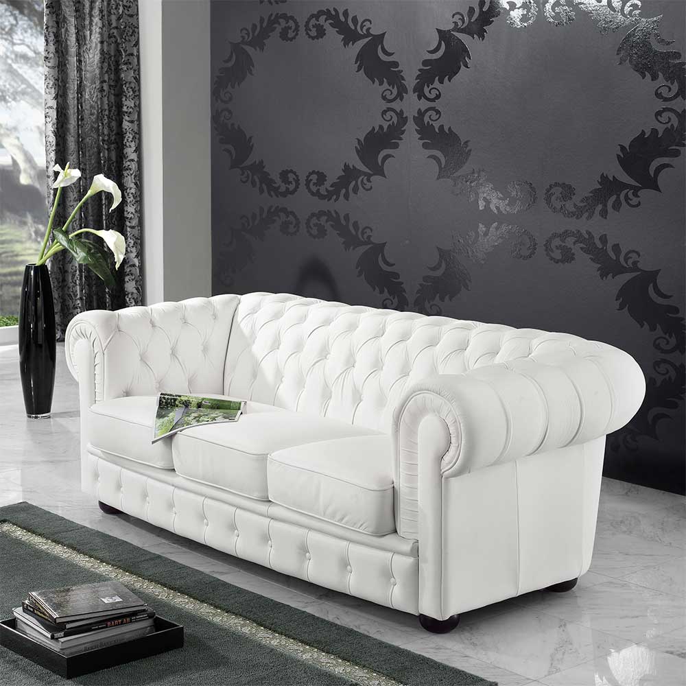 Dreier Sofa weiss im Chesterfield Look Kunstleder