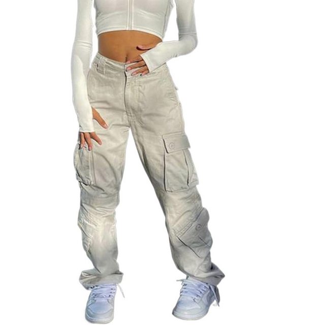 FIDDY Baukastenhose Cargohose Baggy hohe Taille Cargohose gerade weites Bein Baggy Jeans