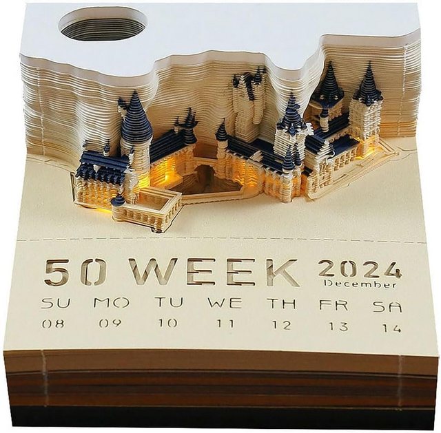 Gontence Tischkalender 2024 Tischkalender-Notizblock, 3D-Magic Castle-Wochenkalender, 3D-Kunst, kreatives Papierskulptur-Bastel-DIY-Geschenk