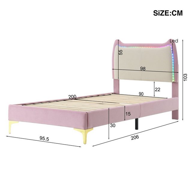 HAUSS SPLOE Polsterbett 90x200cm mit Kopfteil in Form eines Tierohrs und LED-Streifen, Rosa