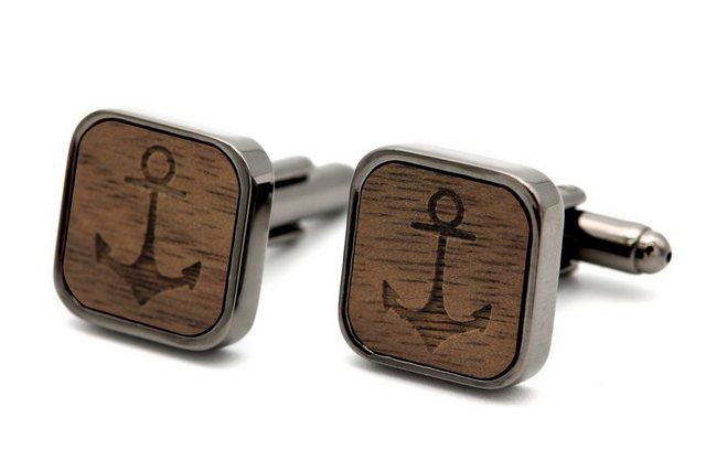 NaturSchatulle Manschettenknöpfe mit Gravur Holz Eckig (schwarz / silber, Trauzeuge, Anker, Kompass, uvm), Cufflinks zur Hochzeit, Anzug