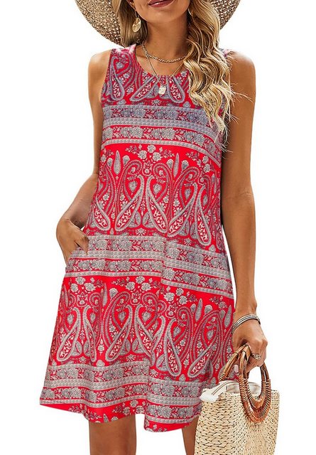 Opspring Sommerkleid Sommerkleider Damen Ärmellos Blumen T-Shirt Strandkleid Leichte