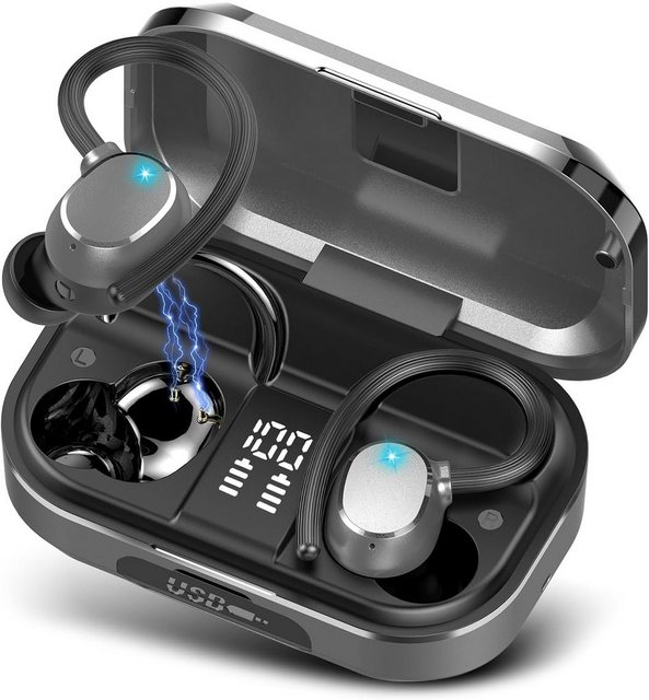 POMUIC Kabellos Bluetooth 5.3 mit HD Mic, 120 Stunden Spielzeit Sport In-Ear-Kopfhörer (Stabile Verbindung und schnelles Aufladen für ununterbrochenen Hörgenuss den ganzen Tag, mit LED-Anzeige, Deep Bass, IP7 Wasserdichte Ohrhörer mit Ohrhaken)