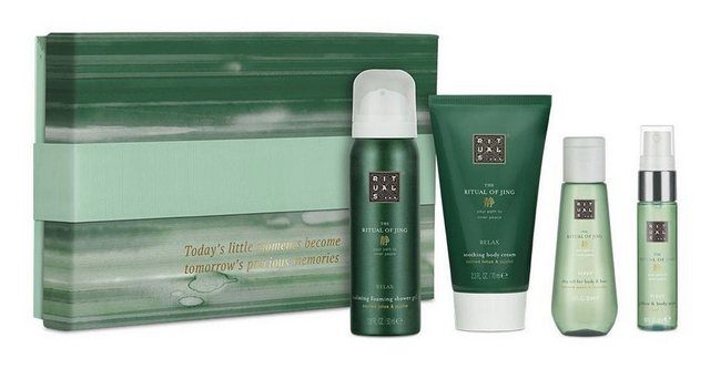 Rituals Wellness-Pflegeset The Rituals of Jing Geschenkset Klein Beauty Frauen Männer Beauty Set, angenehmer Duft, Dusche, Raumduft, Körperpflege, 4-tlg., Duschschaum, Körpercreme, Peeling, Geschenkbox, Damen & Herren Wellness Set, Pflege ideal als Geschenk für Mann & Frau