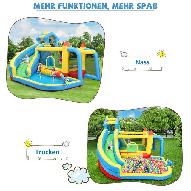 Rutaqian Hüpfburg Kinder Hüpfhaus mit Gebläse 7 in 1 großes Aufblasbares Schlag-Schloss, (Rutsche, Wasserpool, Fußballnetz, Wasserpistole spielen, Kletterwand, Trampolin,Basketball schießen), Nass Trocken Combo Hüpfburg Alter 3-12 Jahre 364X315X239cm