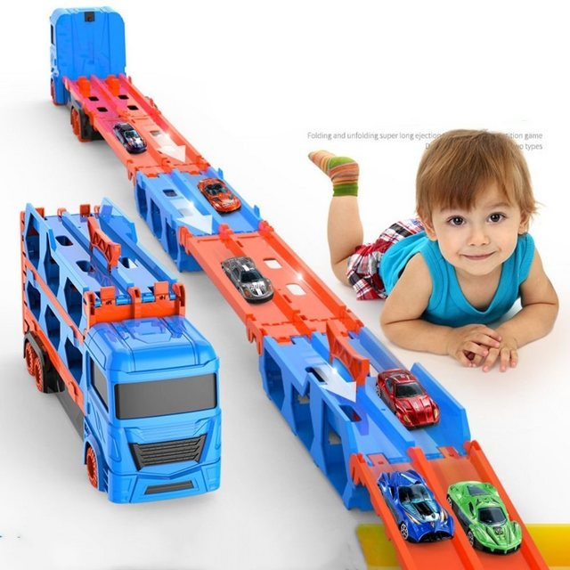 SOTOR Spielzeug-LKW, (64 Zoll Rennbahn und Die-Cast Transport Truck Spielzeug für 2 3 4 5 6 Jahre alte Jungen Kinder - Kleinkind Auto Spielzeug Set Geschenke für Jungen und Mädchen)