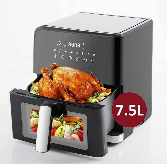 TAB Heißluftfritteuse 7,5L XXL Air fryer, Ohne Öl Heizluft Fritteuse LED Touchscreen, 1700,00 W, Einstellbare Temperaturregelung, Sichtbares Sichtfenster