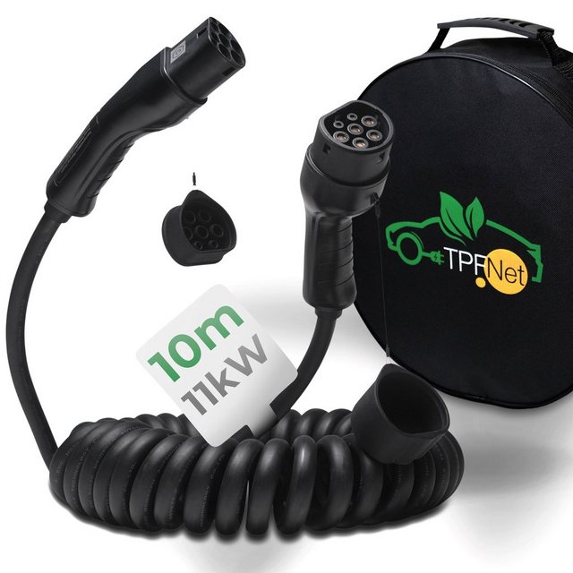 TPFNet Typ 2 Spiral Kabel E-Auto 11kW Ladekabel 16A Autoladekabel, Typ 2-Stecker, Typ 2 (1000 cm), Elektroauto Ladekabel Typ 2, IP65 geschützt, 3-Phasig, 10m