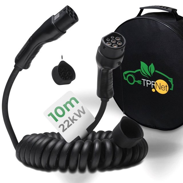 TPFNet Typ 2 Spiral Kabel E-Auto 22kW Ladekabel 32A Autoladekabel, Typ 2-Stecker, Typ 2 (1000 cm), Elektroauto Ladekabel Typ 2, IP65 geschützt, 3-Phasig, 10m