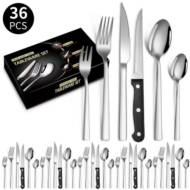 Tisoutec Besteck-Set Besteck Set für 6 Personen,36teiliges Edelstahl Essbesteck&Steakmesser, 6 Personen, Elegantes/Modernes Besteckset,Besteck Set für Restaurant,Hotel,Zuhause