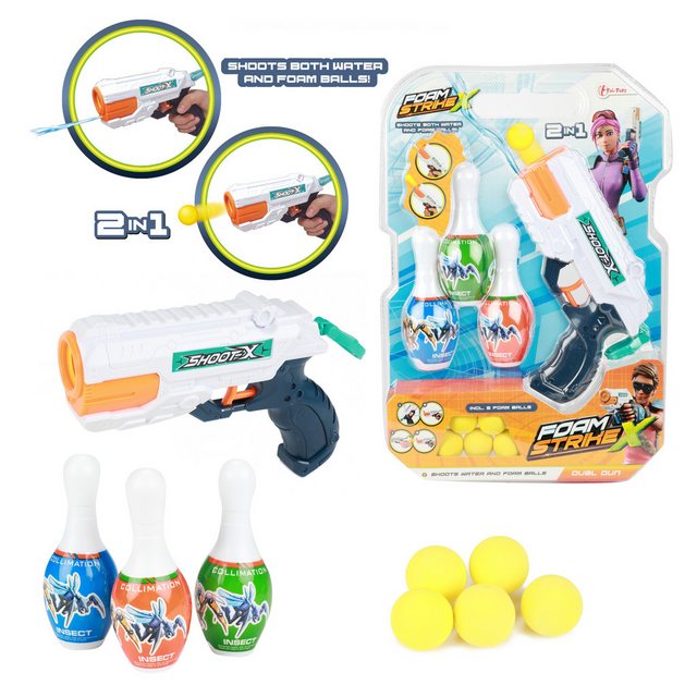 Toi-Toys Badespielzeug FOAM STRIKE X Set - Wasserpistole mit 5 Bällen und 3 Kegeln