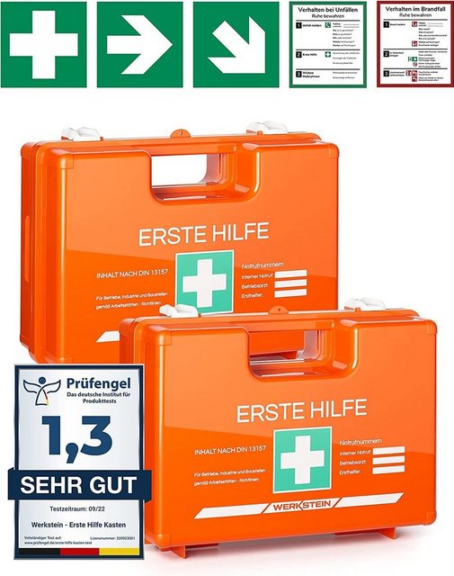 Werkstein Erste-Hilfe-Koffer 2 Stück inkl. praktischer Wandhalterung, 5x Aufkleber & Plombe, (Set, 2 St), Koffer mit Inhalt nach DIN 13157:2021