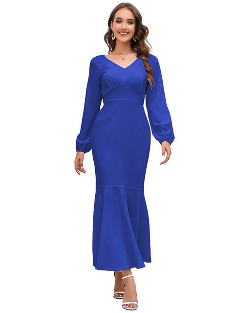 ZWY Abendkleid Damen V-Ausschnitt Slim Fit Langarm Meerjungfrau Kleid Taillenlang (1-tlg., Blau dirndl damen, Maxikleid mit V-Ausschnitt,Damen Elegant Kleid) Einfarbig Langes lockeres Freizeitkleid,Hohe Taille Partykleid