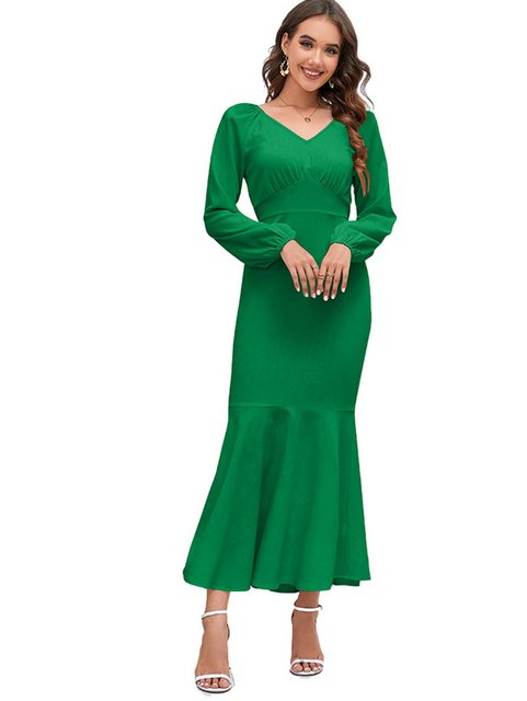 ZWY Abendkleid Damen V-Ausschnitt Slim Fit Langarm Meerjungfrau Kleid Taillenlang (1-tlg., Maxikleid mit V-Ausschnitt,Gründirndl damen, Damen Elegant Kleid) Einfarbig Langes lockeres Freizeitkleid,Hohe Taille Partykleid