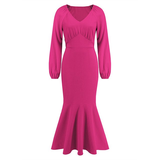 ZWY Abendkleid Damen V-Ausschnitt Slim Fit Langarm Meerjungfrau Kleid Taillenlang (1-tlg., Maxikleid mit V-Ausschnitt,Rose Rot dirndl damen, Damen Elegant Kleid) Einfarbig Langes lockeres Freizeitkleid,Hohe Taille Partykleid