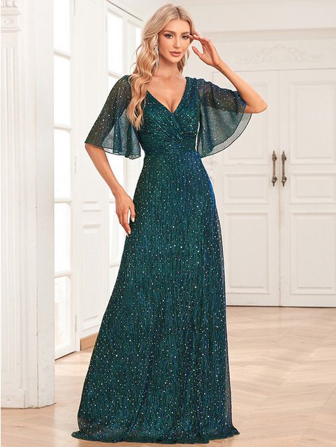 ZWY Abendkleid Glitzernde, durchsichtige Schmetterlingsärmel (Abendkleid, bodenlanges Kleid mit Mesh-Pailletten) Plissee-Hochzeitskleid mit V-Ausschnitt